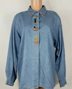 Camisa para mujer Peter Martin talla 14 azul lavado claro Halloween otoño vacaciones BF LS - Imagen 1 de 5