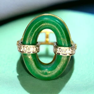 Vintage 14k Yellow Gold Natural Malachite Round Diamond Oval Cocktail Ring - Picture 1 of 7