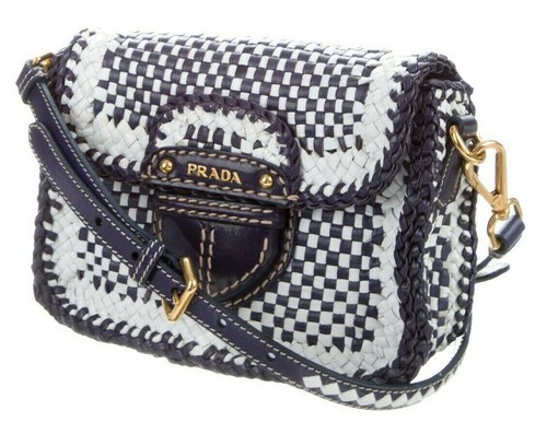 Borsa PRADA blu navy bianca quadri MADRAS tracolla pelle intrecciata a mano
