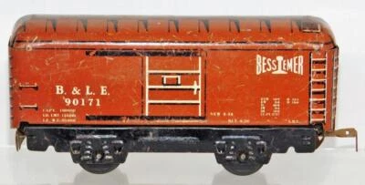 Marx 90171 B&LE Bessemer boxcar Med Brown white lettr 6" tinplate solid door t&s - Image 1 of 4