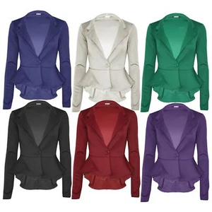 Womens Ladies One Button Long Sleeve Plain Peplum Frill Slimfit Jacket - Picture 1 of 10