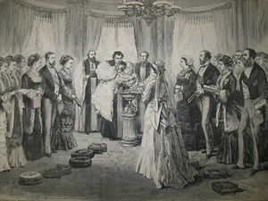 Old 1874 The Royal Christening at Buckingham Palace London Wood Engraving PRINT - Picture 1 of 3