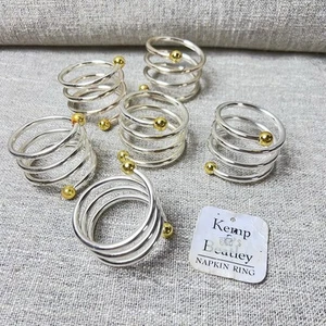 Set of 6 Kemp & Beatley Napkin Rings Silver Spiral with Round Gold Finials VGUC - Picture 1 of 3