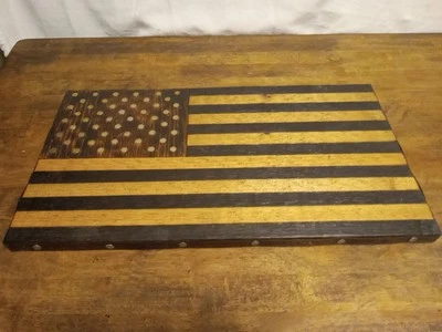 Handmade Wooden American Flag *w/ Primitive Metal Suround *gold/black - Image 1 of 4