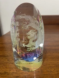 3D Lucite Paper Weight Etched Dragon Paperweight Chinese Characters 2"D 3.5"H - Picture 1 of 12