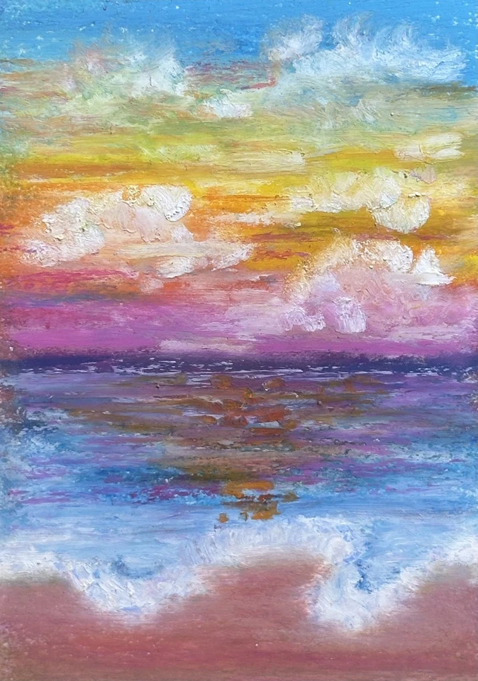 Mini pintura al óleo de paisaje de playa océano atardecer ACEO original, por B. Gauthier Foto 1 de 1