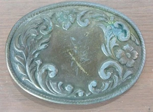 Vintage Oval Brass Belt Buckle w/ Etched Embossed Floral Scroll Design 3.5"x2.5" - Picture 1 of 4