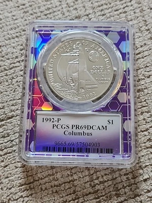 1992P Columbus PCGS PR69 DCAM Silver Dollar Trader Bee Holder - Image 1 of 4