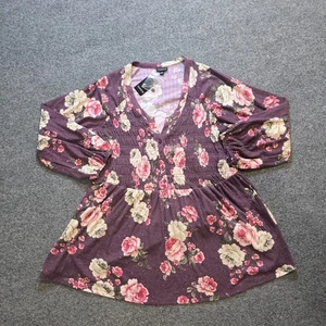 Torrid Top Womens Size 1X Purple Pink Floral A Line Shirred Soft Stretch Casual - Picture 1 of 10