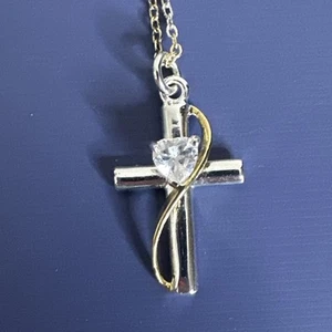 Sterling Silver Double Sided Cross Necklace with Cubic Zirconia & 18" Chain - Picture 1 of 4