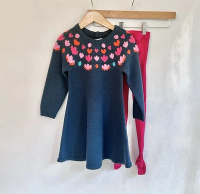 Vestido Suéter Jacadi Paris Niña Talla 4 Tejido Corazones Flor Azul Marino + Medias Usado en Excelente Condición Foto 1 de 4