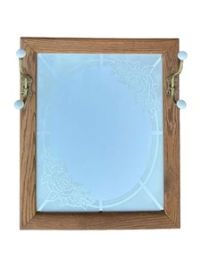 Vintage Oak Frame Rectangular Mirror Etched Rose Brass Hooks Entryway Coat Rack - Picture 1 of 14