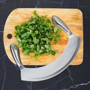 Herbs Vegetable Pizza Slicer Cutter Mezzaluna Chopper Double Handle Rocker Knife - Picture 1 of 24