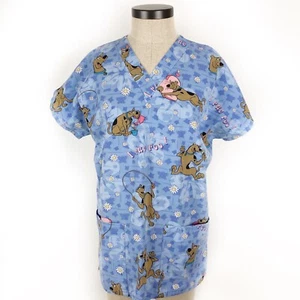Scooby-Doo medizinisches Peeling-Top Größe Small blau Blumen Herzen Kurzarm - Bild 1 von 6