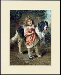 NEWFOUNDLAND LITTLE GIRL AND DOG LOVELY OLD STYLE PRINT MOUNTED READY TO FRAME - Picture 1 of 1