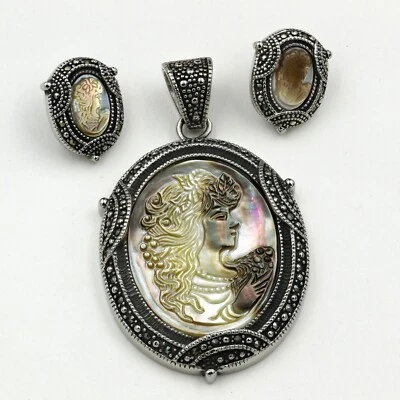 Colgante y pendientes de marcasita camafeo abulón acero inoxidable 316 Foto 1 de 4