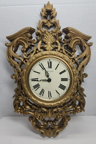 Vintage 1980 BURWOOD Product Co. GOLD Ornate NEW HAVEN Wall Clock 20x13 Working Cover