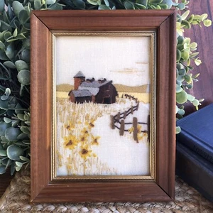 Vintage Handmade Crochet Country Barn Scene In Wood Frame 8.5x6 Inch - Picture 1 of 8