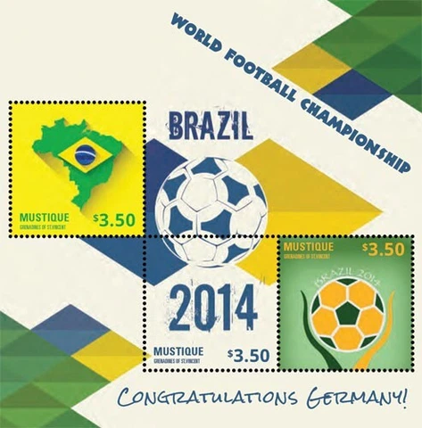 Mustique 2014 - World Cup Brazil - Sheet of 3 Stamps - MNH Cover