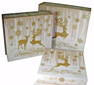 3 Punch Studio Rectangle Flip Top Nesting Boxes Merry Christmas Deer 11562 - Image 1 of 4