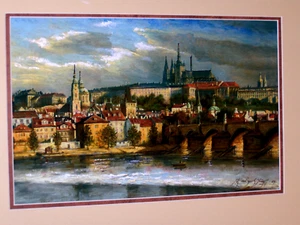 Europe Castle River Bridge Cityscape Water Reflections Clouds Trees Frame VINTAG - Picture 1 of 11
