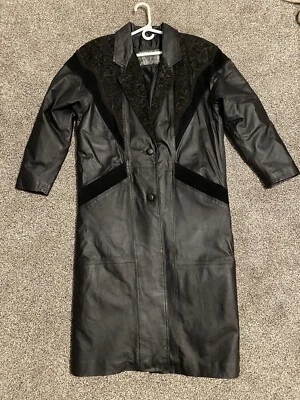 New York By Winlit Women's Black Leather Collared Button Front Trench Coat Sz L - Image 1 of 4