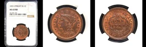 1855 1C NGC MS65RB-RARE UPRIGHT 55-POP69 BRAIDED HAIR CENT--- - Picture 1 of 1