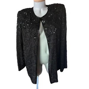 JMD New York Black Sequin Beaded Jacket Party Evening Size Large Open Cardigan L - Picture 1 of 10