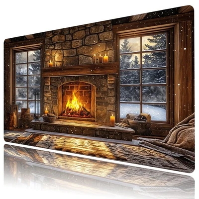 Winter Forest Fireplace Christmas Desk Pad for Keyboard Desk Mat 31.5x15.7 inch - Image 1 of 4
