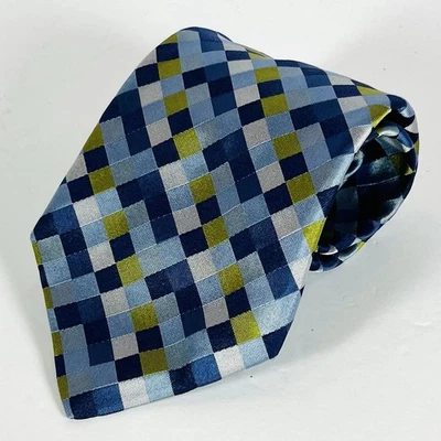 "Corbata Daniel Cremieux 100 % seda azul/plateado/verde cuadrados geométricos 3 3/16""" Foto 1 de 3