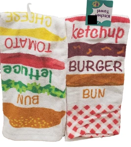 2 Same Kitchen Terry Towels(15"x25") BBQ FOOD,WORDS,BUN,BURGER,KETCHUP,CHEESE,MB - Picture 1 of 9