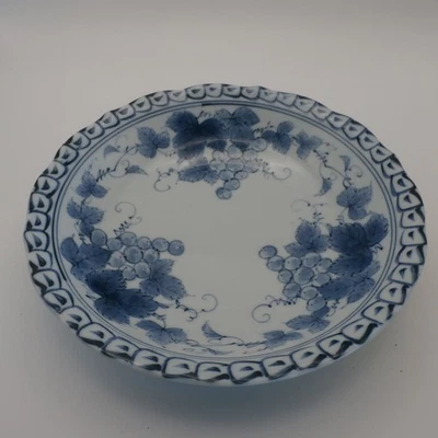 Japanese Blue and White Porcelain Bowl Grapevine Watercolor Art Style - Image 1 of 4