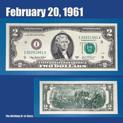 February 20, 1961 Birthday Anniversary $2 Two Dollar Bill Serial Number 02201961 - Image 1 of 2