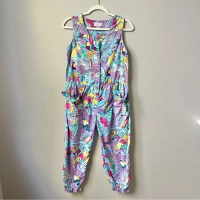 Vintage Romper Women's Small Tropical Floral Bird Print Blue Purple Vacation Fun - Image 1 of 4