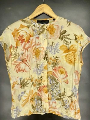 Vintage Ellen Tracy Silk Blouse Floral Cap Sleeve Button Front Yellow 90s Y2K M - Image 1 of 4