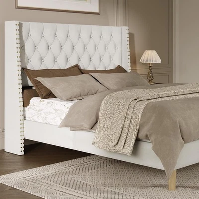 Upholstered Platform Bed Frame with 47.2" Tall Velvet Tufted Wingback Headboard - Image 1 of 4