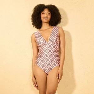 Women's Geo Print Plunge Neck Full Coverage Tummy Control One Piece Swimsuit - Picture 1 of 3