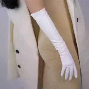 LONG GLOVES Faux Leather PU 19" 50cm Elbow Opera Evening White Solid - Picture 1 of 3