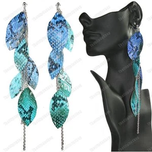 8"long AQUA BLUE teal MASSIVE EARRINGS snakeskin print leaves SILVER TONE CHAINS - Picture 1 of 8