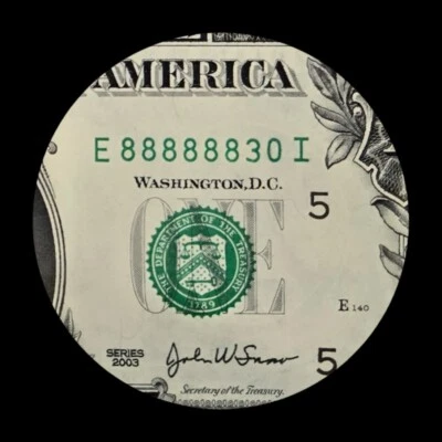 $1 FRN SIX OF KIND 6 IN ROW 8s Fancy Serial Number 88888830 UNCIRCULATED CRISPY  - Image 1 of 3