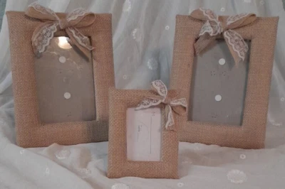 Burlap And Lace Frame Set Includes 2 4"x6" photo frames and 1 2"x3" frame - Image 1 of 4