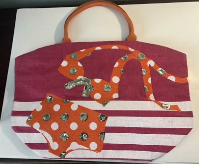 Mud Pie Mudpie Jute Pink Polka Dot Bikini Beach Bag Tote Sequin Accents XL - Image 1 of 4