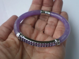 Sterling Burmese Lavender Purple Jade & Amethyst Hinged Bangle Bracelet - Picture 1 of 4