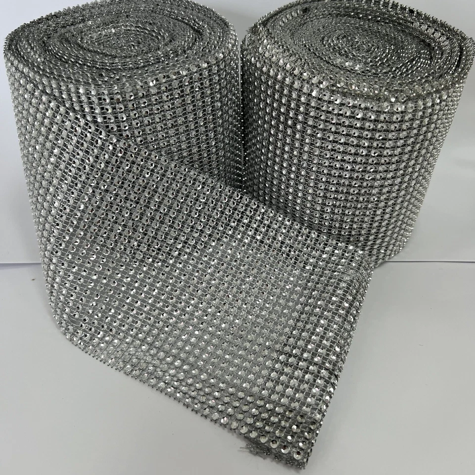 2 Rolls 10 yd Ea Silver Sparkle Diamond Mesh Wrap Roll Rhinestone Crystal Ribbon - Image 1 of 1