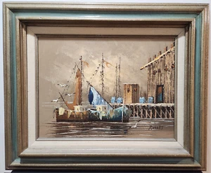 Pintura al óleo enmarcada sin título de "Robert" - puerto náutico muelles barcos gaviotas - Imagen 1 de 4