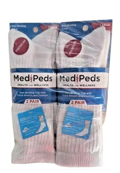 MediPeds Premium Diabetic Crew Socks White Large 2 Pairs.