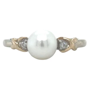 Pearl with Diamond Accents 14k Two-Tone Gold Size 6.25 Ring 1.8g - Picture 1 of 3