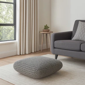 Grey Square Cotton Knitted Pouffe Floor Cushion, 100% Cotton, W70cm x H20cm - Picture 1 of 5