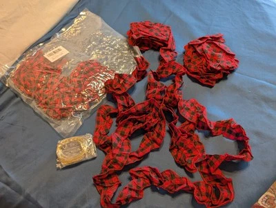 Christmas 9' X6 Rolls Red/Black Buffalo Plaid Fabric Tree Ruffled Ribbon Garland - Image 1 of 4