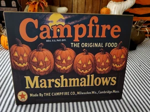 SPOOKY RETRO VINTAGE STYLE HALLOWEEN CAMPFIRE MARSHMALLOWS PUMPKINS WOODEN SIGN - Picture 1 of 13